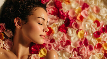 Serene Floral Bath: Young Woman's Luxurious Skincare and Relaxation Ritual