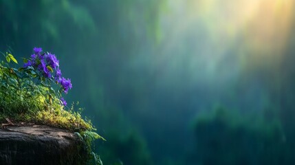 Vibrant Purple Wildflowers Blooming on a Cliffside with Soft Sunlight and Mystic Forest Background