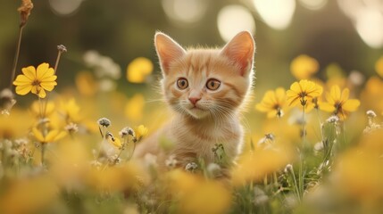 Ginger kitten enjoys the beauty of nature, surrounded by a field of yellow flowers