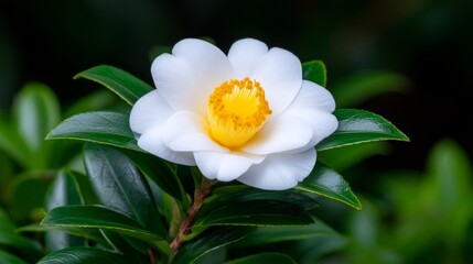 Vibrant White Flower With Yellow Stamen Against Dark Green Leaves