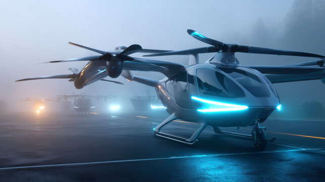 Futuristic electric vtol aircraft on a foggy runway with dramatic lighting - Powered by Adobe