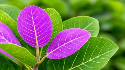 Vibrant Purple Leaves Against Lush Green Background In Natural Daylight