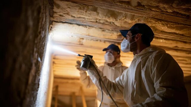 Workers in protective suits and masks apply spray foam insulation to ceiling and wall during construction or renovation, focusing on safety, energy efficiency, and teamwork in industrial setting