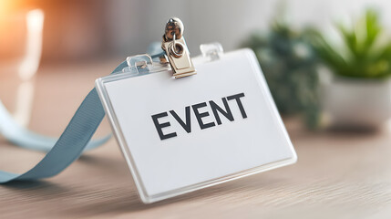 Close-up of an event badge with the word "EVENT" printed on it
