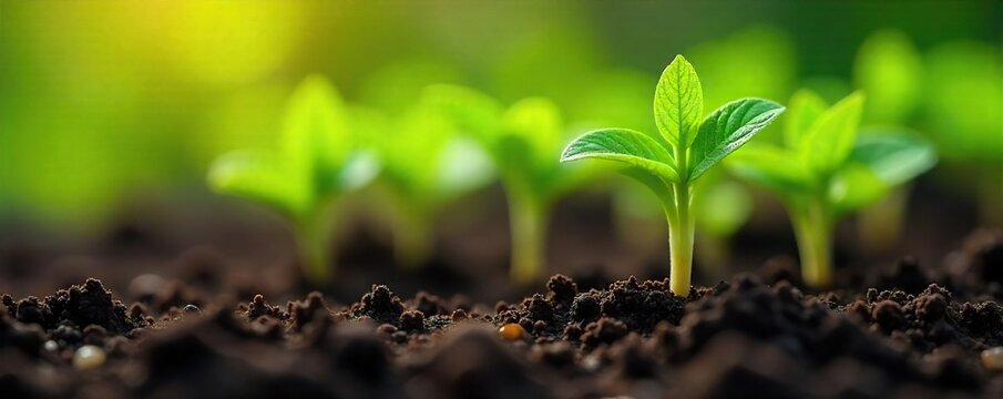 Close-up of vibrant green seedlings thriving in rich soil, nourished by organic plant food granules Healthy growth, lush foliage, springtime freshness , soil enrichment, life, granules