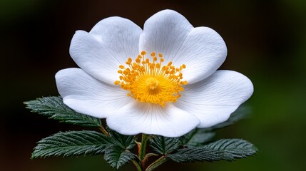 Vibrant White Flower with Yellow Center Surrounded by Lush Green Leaves in Soft Natural Lighting