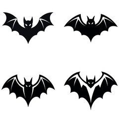 Four Black Bat Silhouettes on White Background, Halloween Vectors Illustration