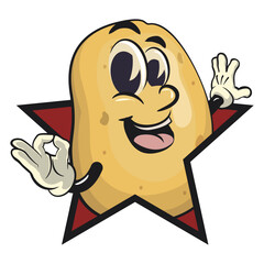 cute cartoon potato mascot vector out from of a star by giving an OK sign, happy smiling character isolated on transparent background, work of hand drawn