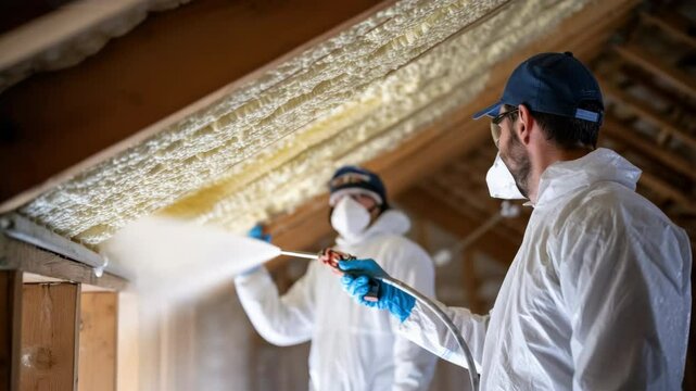 Workers insulation spray foam attic protective suit construction renovation safety mask gloves ceiling home improvement energy efficient building worker manual labor interior wood roof maintenance