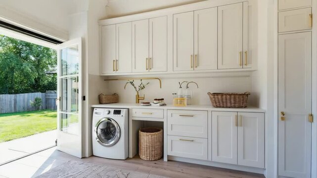 Bright and Clean Laundry Room Interior with White Cabinets, Washer, Dryer, and Open Door to Backyard