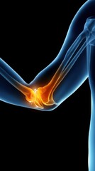 Illustration of hand grasping painful elbow joint glowing red, dark background highlights elbow pain and injury in clear concept