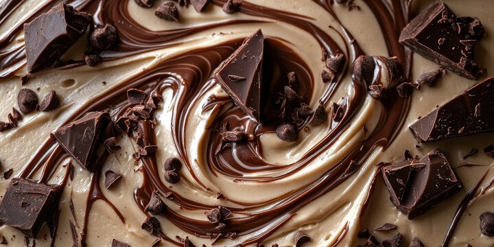 World baking day with chocolate dessert idea. Rich chocolate swirl with chunks and chips scattered throughout.