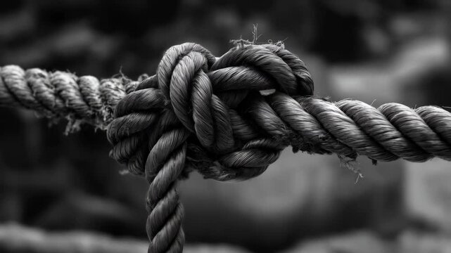 Monochrome image of intricate nautical knot formed from textured rope, symbolizing connection, strength and durability with blurred background