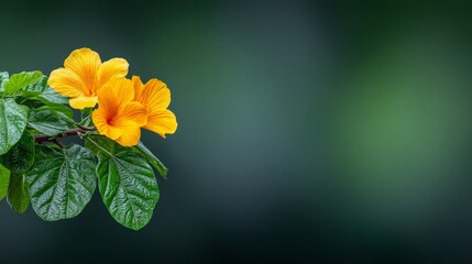 Yellow Blossom with Dew Drops on Green Leaves Against a Dark Background