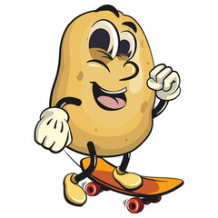 cute cartoon potato mascot vector playing skateboard, happy smiling character isolated on transparent background, work of hand drawn