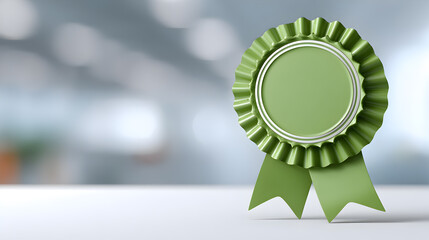 an elegant green award ribbon on a table, with blurred background. This ribbon represents accomplishment