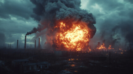 Fire, accident and nuclear explosion of bomb in power plants for buildings, smoke and armageddon. Catastrophe, disaster and danger with attack and mushroom cloud for ai generated, chemical and burn