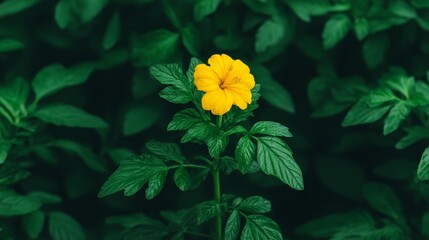 Yellow Flower Blooming Amidst Lush Green Foliage Under Soft Natural Light