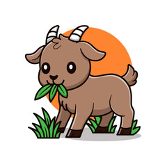 Vector Cute Goat Eating Grass Illustration