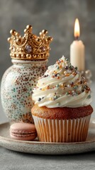 Birthday Cupcake with Gold Crown and Candle