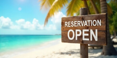 Fototapeta premium A rustic wooden sign points towards a sun-drenched beach, announcing summer reservations are open Perfect for travel and vacation websites or brochures promoting summer getaways , destination, calm