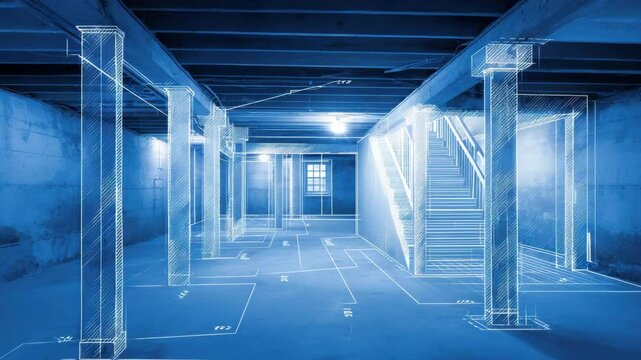 Basement blueprint architecture construction renovation with support column, concrete beam, and stair details, showcasing modern home foundation, exposed beams, digital engineering plans
