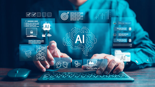 Chat with AI or Artificial Intelligence. Young businessman chatting with a smart AI or artificial intelligence using an artificial intelligence chatbot developed by OpenAI.