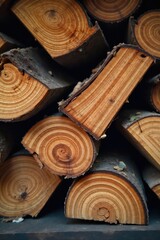 A stack of dry firewood, ready for a bonfire, shows the natural flammable nature of wood Close-up shot highlighting the texture and color variations in the wood pieces , ash, orange, natural