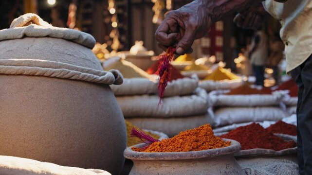 Clay pots and burlap sacks filled with vibrant spices create a sensory experience at a bustling traditional market, where a vendor skillfully handles the aromatic powders