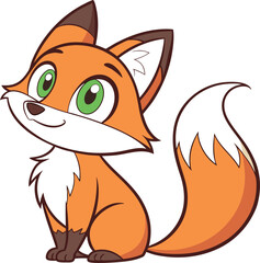 Adorable cartoon fox sitting and looking up with big green eyes