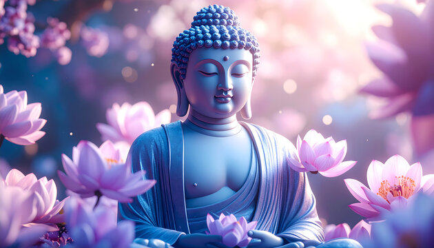 Serene Buddha Statue Amidst Blooming Lotus Flowers: 3D Render
