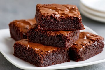 Delicious chocolate brownies forming a stack on white plate