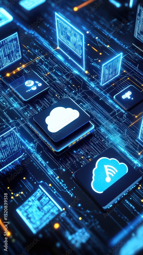 Poster illuminated digital cloud network representing connected data storage systems