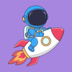 Cute Astronaut Riding Rocket Cartoon Vector Illustration