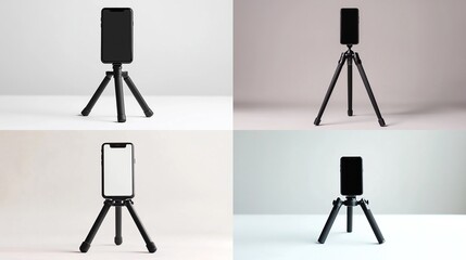 Four smartphone mockups on tripods, various backgrounds
