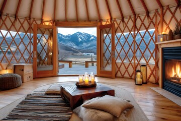 Obraz premium Cozy yurt interior with burning fireplace and mountain view