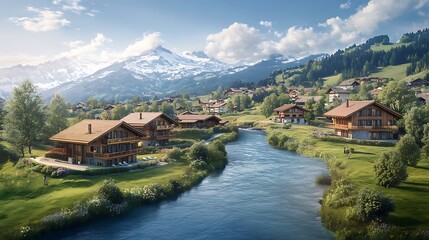 Fototapeta premium Serene mountain village homes nestled by a river.