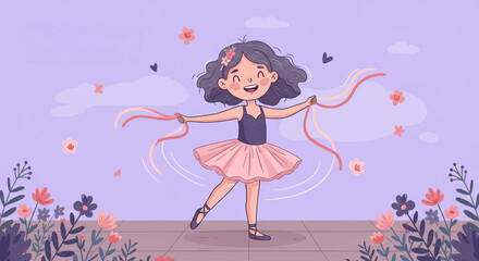 Cute Young Girl Dancing Ballerina in Pink Tutu Playful Outdoor Scene