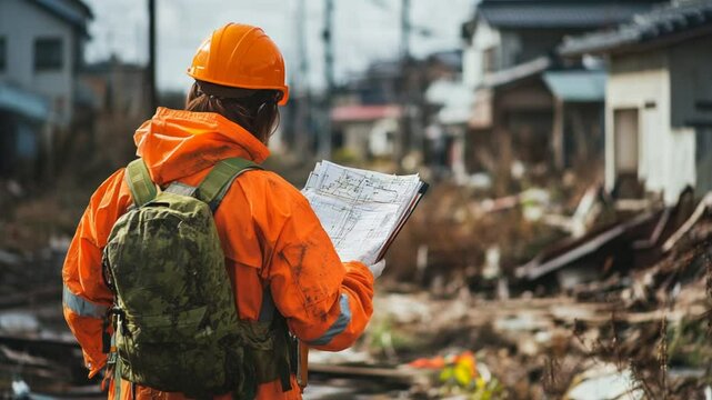 Emergency worker assesses earthquake damage with building plans in affected city zone
