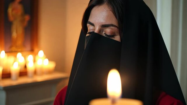 A woman face half-covered by a black veil, her eyes closed in prayer as she stands near a flickering candlelit shrine..