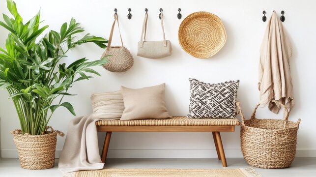 A stylish entryway with a bench, woven basket, and hanging hooks with neatly arranged items