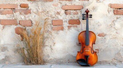 Balkan gadulka fiddle with horsehair bow placed beside ancient brick textures