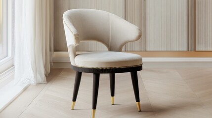 Cream velvet dining chair with wide curved back and gold detail positioned on light wood flooring