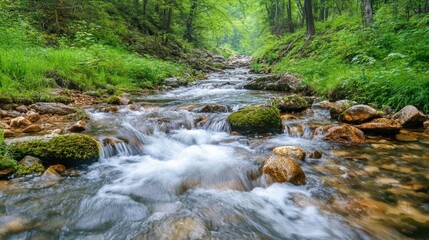 Obraz premium Crystal-clear mountain stream flowing over smooth rocks with moss and wild plants lining the banks in a tranquil setting