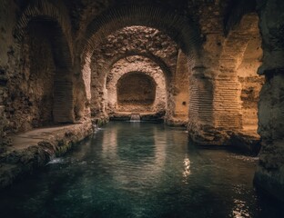 Dark, subterranean chamber with arched stone walls, a calm pool, and trickling water
