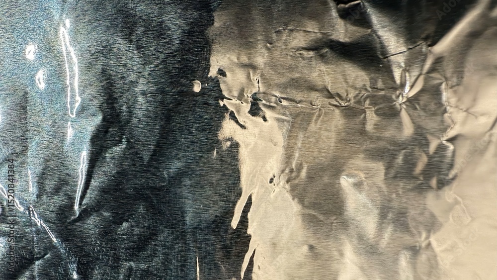 Poster wrinkled metallic foil texture with brushed surface and contrasting light reflection for abstract ba
