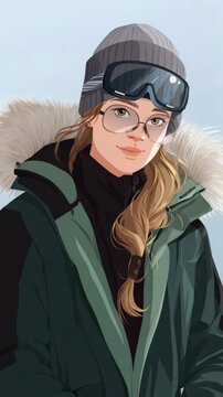 Illustration of a woman wearing winter clothing, including goggles and a fur-lined parka in cartoon style against a light blue background.