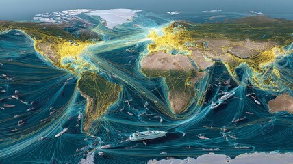 Global shipping routes map with illuminated network lines showing maritime traffic and cargo ships across oceans, highlighting worldwide trade and transportation connections
