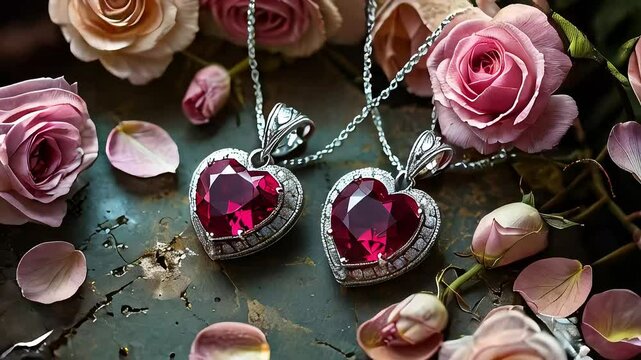 Two ruby heart pendants on silver chains rest on vintage surface, surrounded by rose petals from blush to deep pink. Soft light adds warmth, romance, and charm to this elegant, detailed scene.

