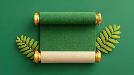 Green Glittering Scroll with Gold Accents and Fern Leaves on Dark Green Background